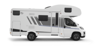 Carado alcove motorhome, side view on a white background
