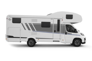 Camping-car Carado, vue de côté d’un modèle capucine blanc avec porte, fenêtres et habillage graphique gris