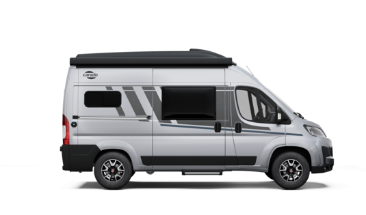 Carado camper van in side view with black pop-up roof and sliding door