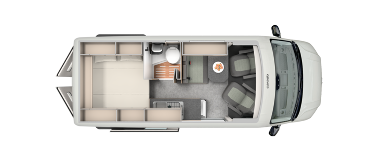 Floor plan of a Carado motorhome with rear bed, bathroom, seating area and kitchenette, viewed from above