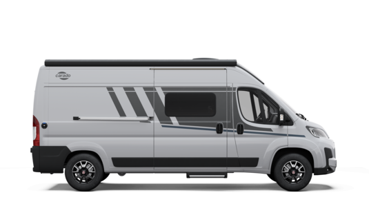 Carado campervan in side view, silver-grey, with sliding door, side window and awning