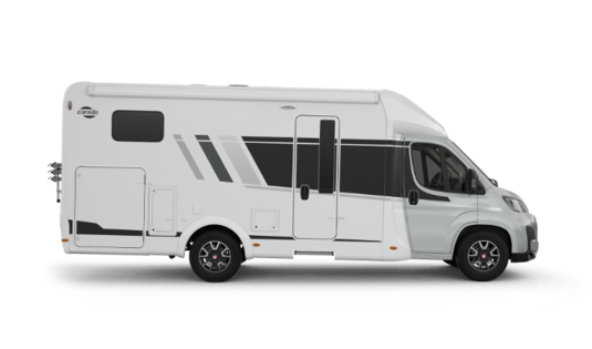 Carado motorhome in side view, white semi-integrated motorhome isolated on a transparent background