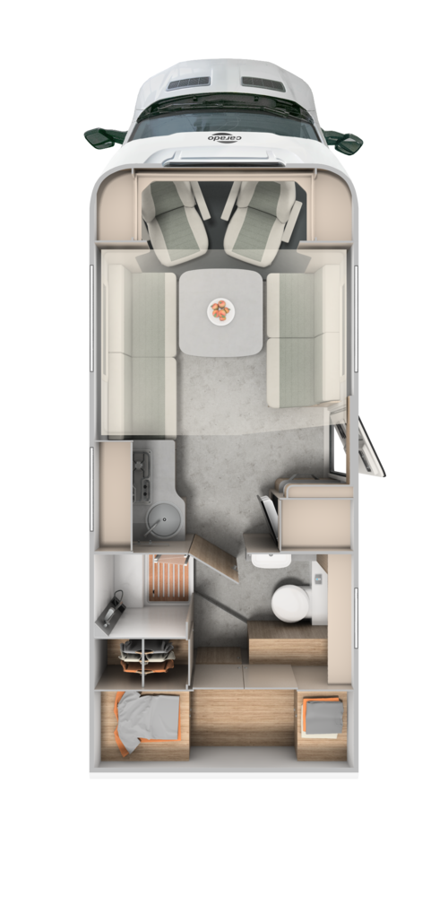 Carado motorhome floor plan with rear bed, bathroom, kitchen and lounge area