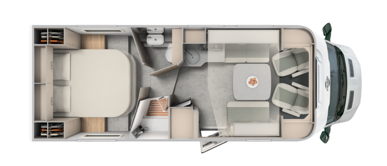 Carado motorhome floor plan with queen bed, bathroom, kitchen and seating area seen from above