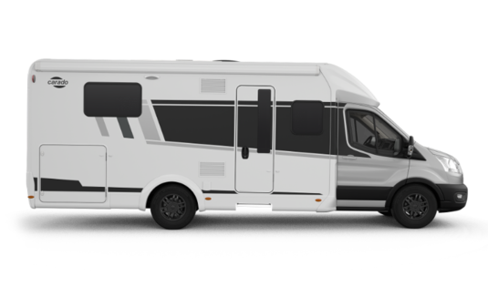 Carado motorhome in side view, white and grey semi-integrated vehicle shown on a cut-out background