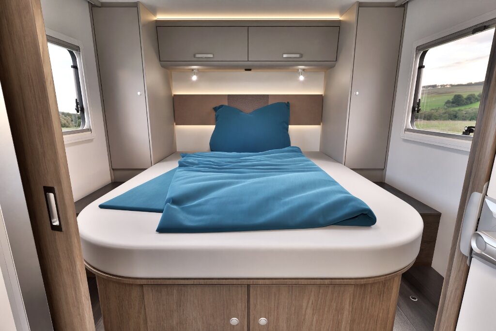 Sleeping area in the Carado motorhome with double bed, overhead cabinets and windows on both sides
