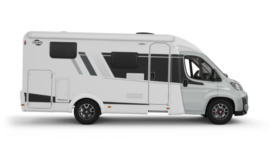 Camping-car Carado vue de côté, profil blanc d’un fourgon profilé, détaché sur fond noir