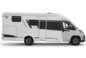 Carado motorhome, left-side view with entrance door, windows and awning, isolated