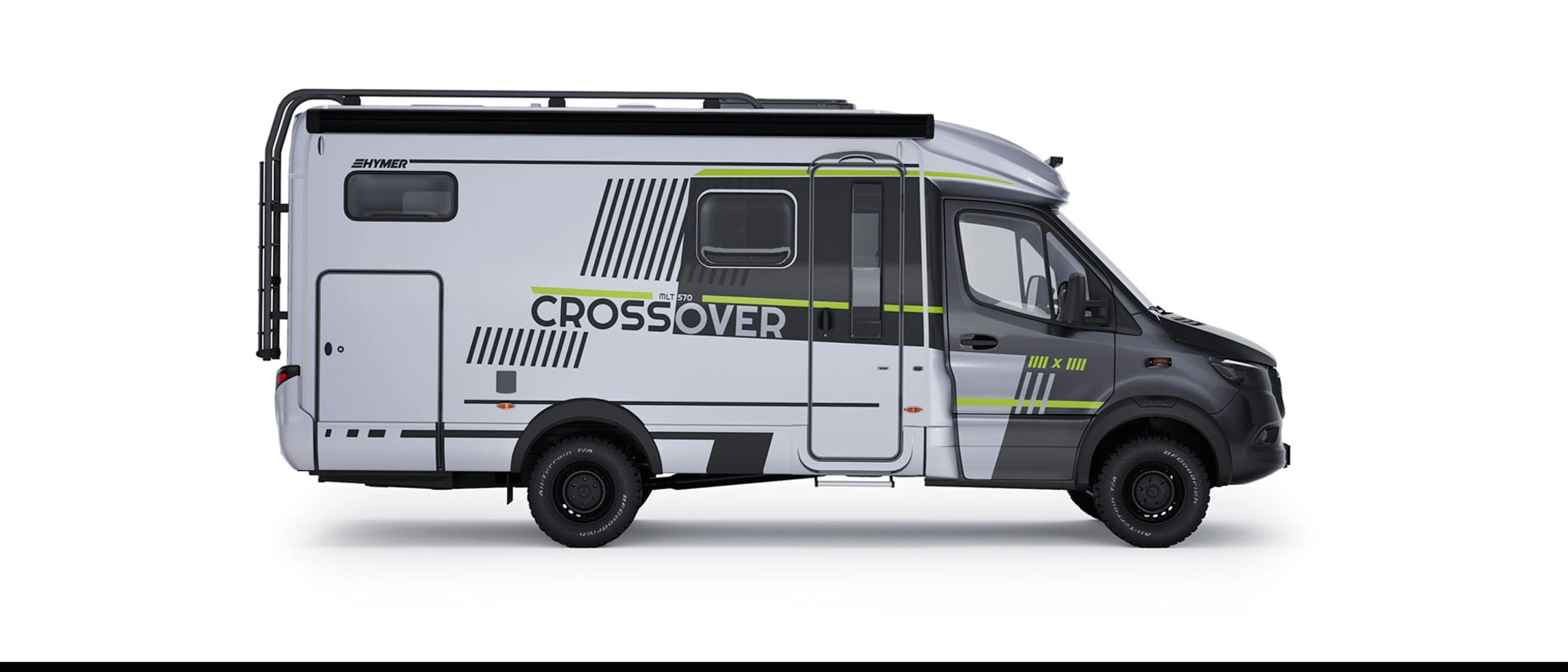 Side view of a semi-integrated motorhome, in silver with special neon green decals, dark cab, black rims, and black rear ladder