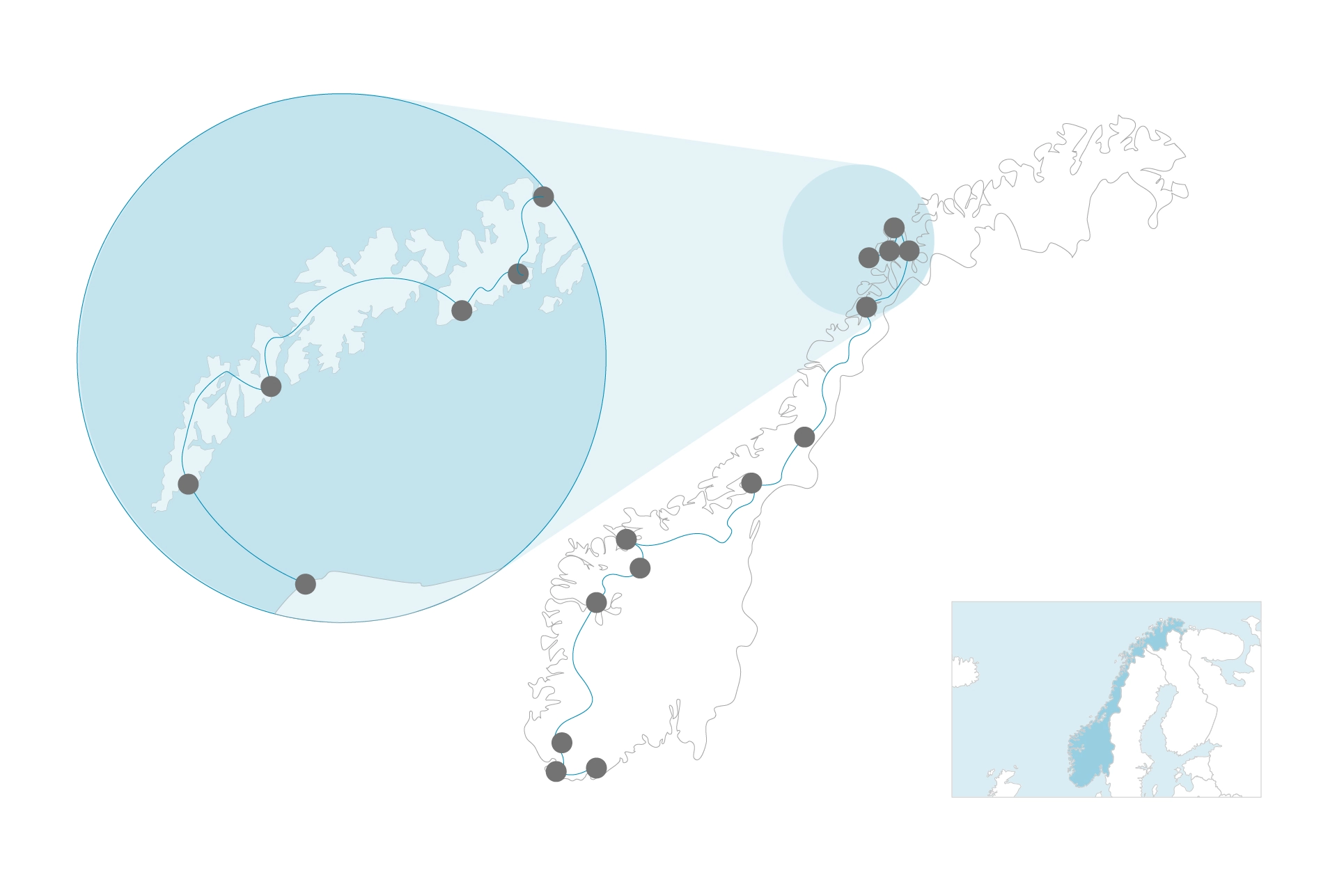Reiseskizze, die mit Spots und Verbindungslinien eine Reiseroute in Norwegen darstellt